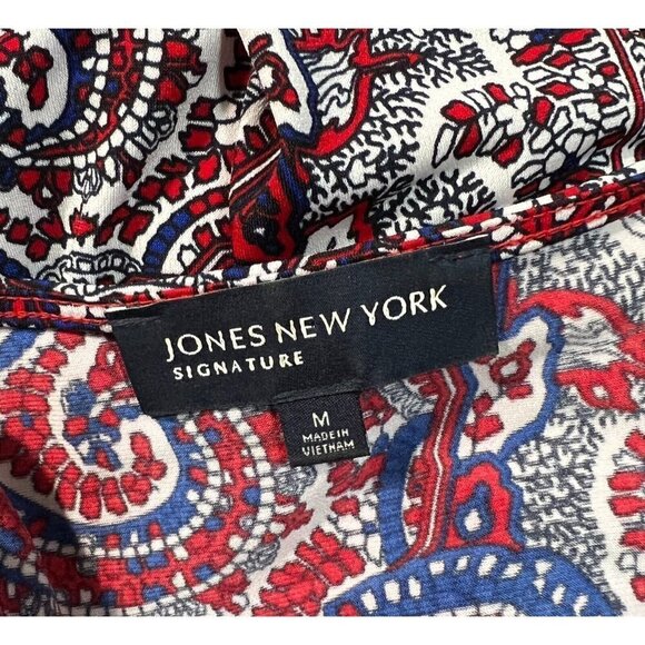 Jones New York Sz M Red Blue Paisley Print Faux Wrap Dress Slinky Stretch - Picture 4 of 6